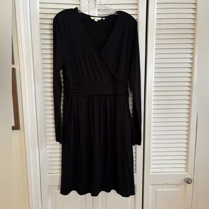 BODEN stretch jersey SURPLICE black dress MIDI LENGTH with pockets! SIZE US 8